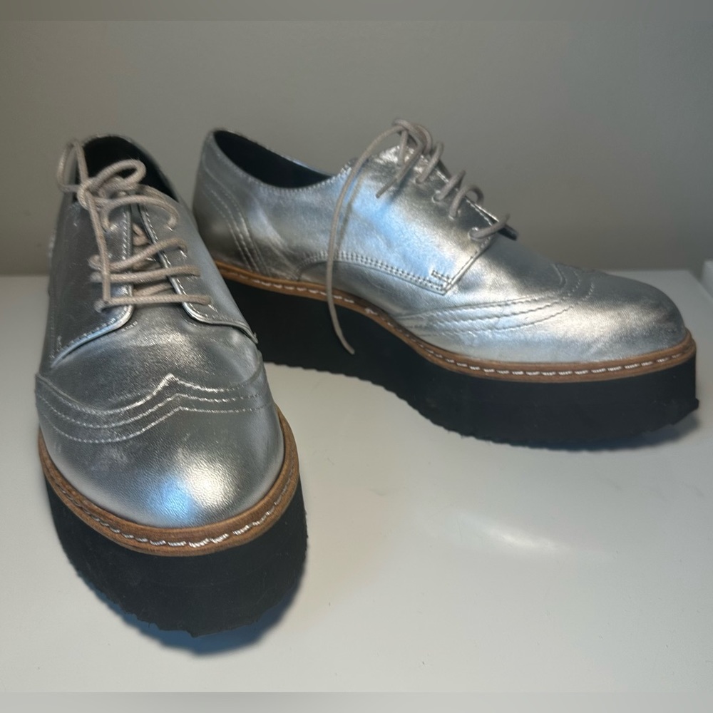 Shellys London Womens Platform Oxford Wingtip Shoes Silver 7